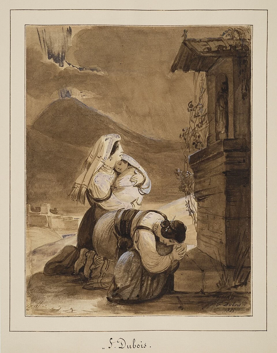 Donne napoletane e i loro bambini pregano durante un'eruzione vulcanica